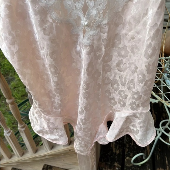 Henri Pierre Peach Floral Slinky Satin Lace Teddy Sz L Ruffle Hem Vintage 80 90s - Picture 3 of 6